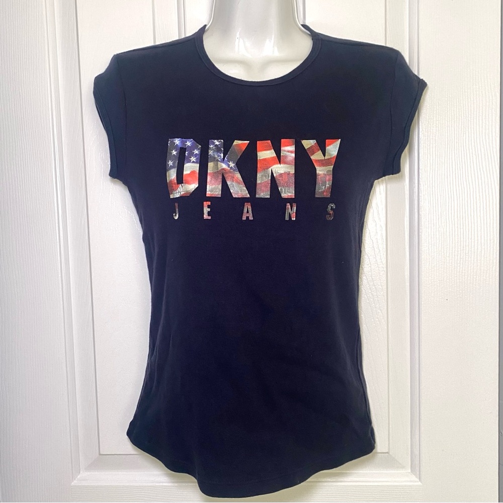 DKNY Navy Short Sleeve Logo Tee with Flag Print